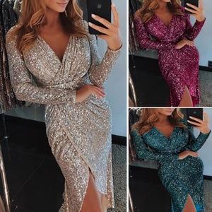 Long Sleeve V-neck Shiny Gown Dress